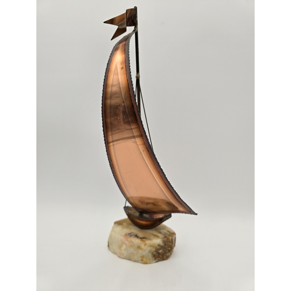 John Demott Copper Sailboat Sculpture 14" Tall Stone Base Signed